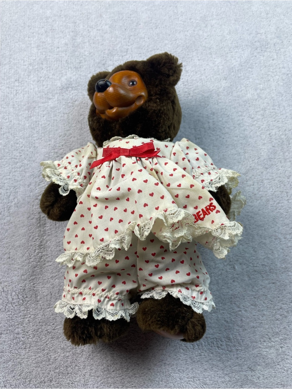 Vintage Raikes Bears Plush Bear With Wooden Face & Feet in Heart Pajamas